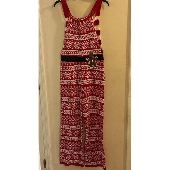 Women's Red Geometric Snowflake Christmas Theme Knit Jumpsuit Overalls One Piece - Picture 1 of 5